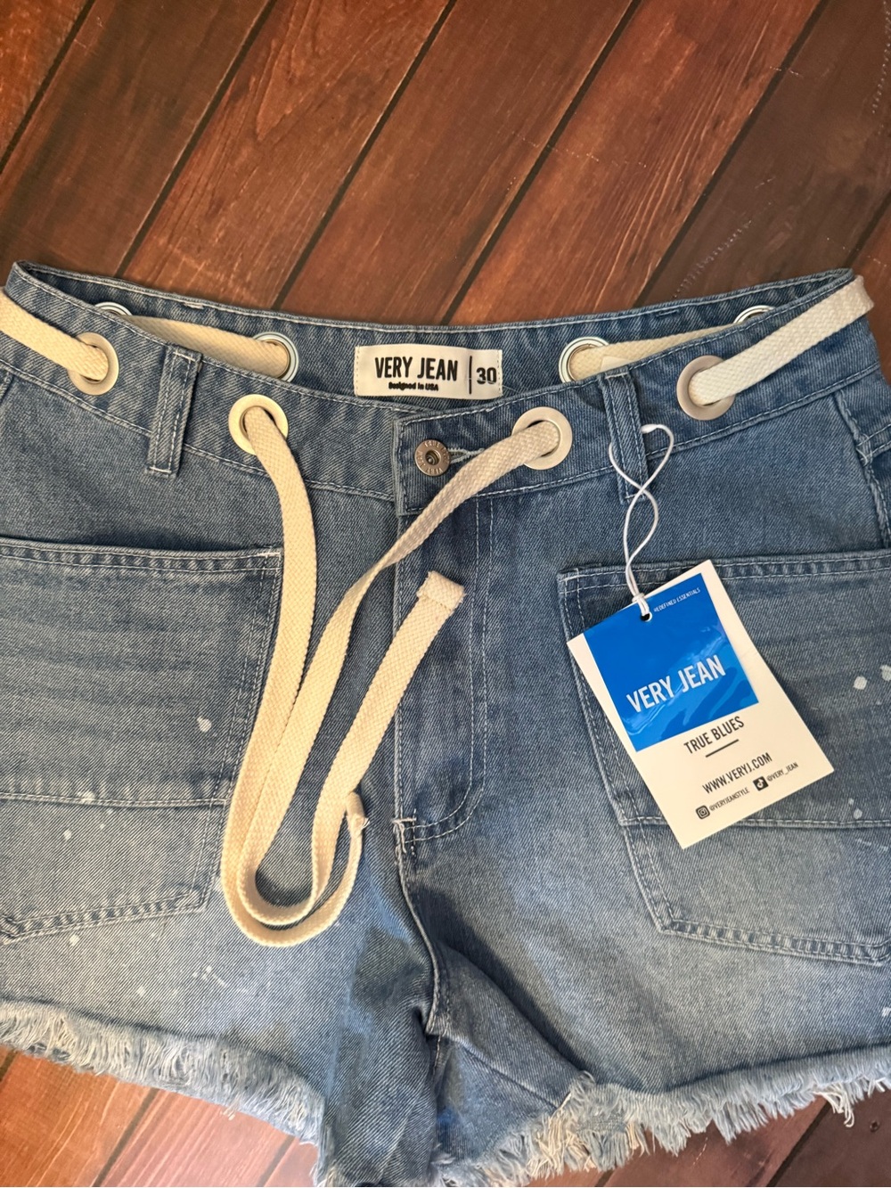 Very J True Blues Denim Drawstring Frayed Hem Shorts